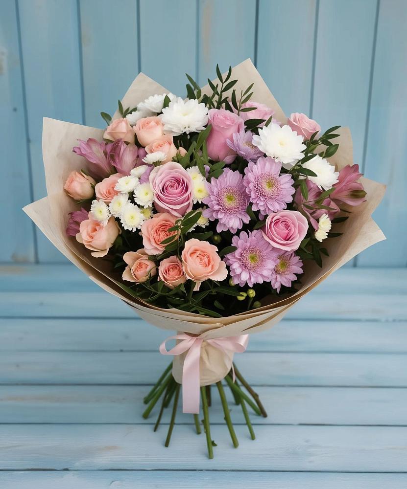 Букет цветов из: Хризантемы, Розы и Альстромерии в Степном Ставропольский край
