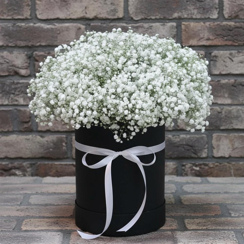 Цветочная композиция из Гипсофила в шляпной коробке в Степном Ставропольский край