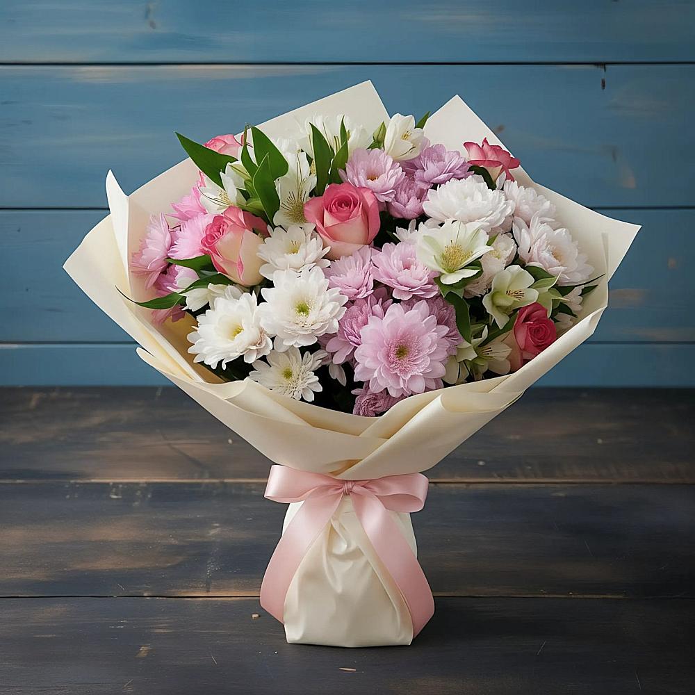 Букет цветов из: Хризантемы, Альстромерии и Розы в Степном Ставропольский край